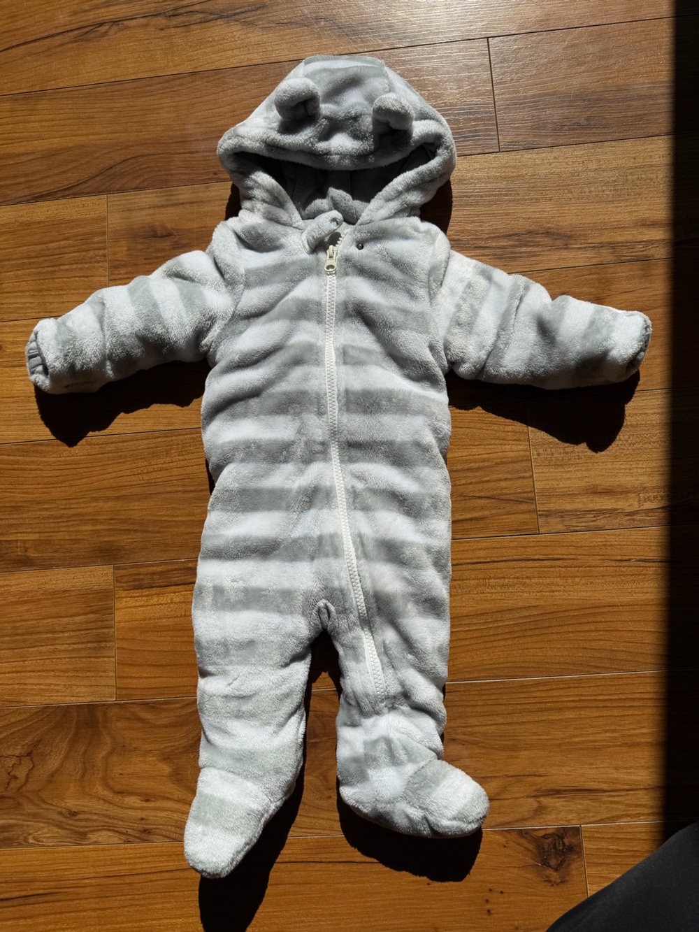 6-9 month Plush Hooded Footed One-Piece in Gray and White